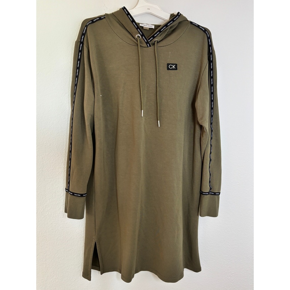 Calvin Klein Performance Olive Green Logo Tape Hooded Sweatshirt Dress Large